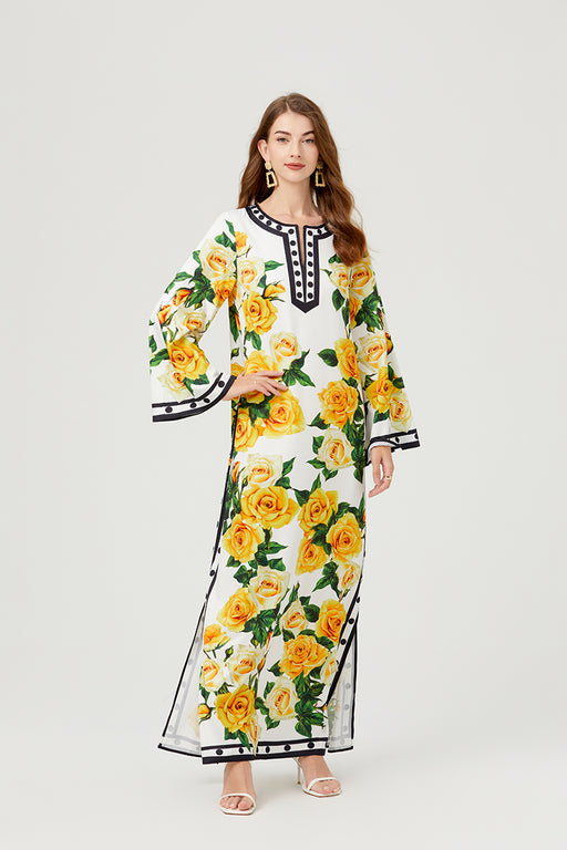 Women Spring Fall Button Floral Elegant A Line Maxi Dress-Fancey Boutique