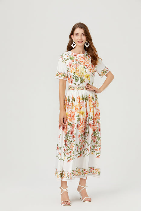 Women Summer Floral Short Sleeve A Line Elegant Dress-Fancey Boutique