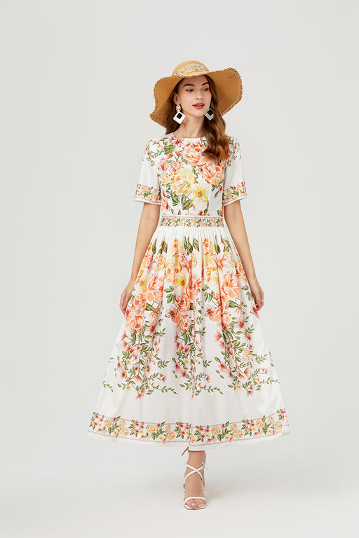 Women Summer Floral Short Sleeve A Line Elegant Dress-White-Fancey Boutique
