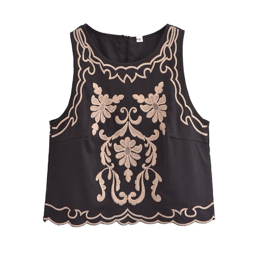 Summer French Black Retro High Grade Embroidered Top Vest-Tank Top-Fancey Boutique