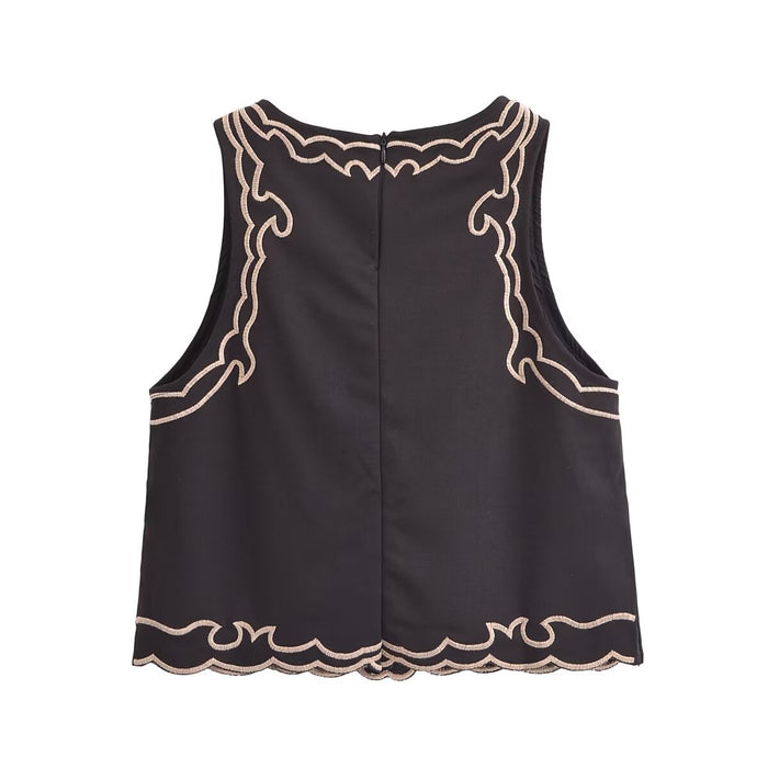 Summer French Black Retro High Grade Embroidered Top Vest-Tank Top-Fancey Boutique