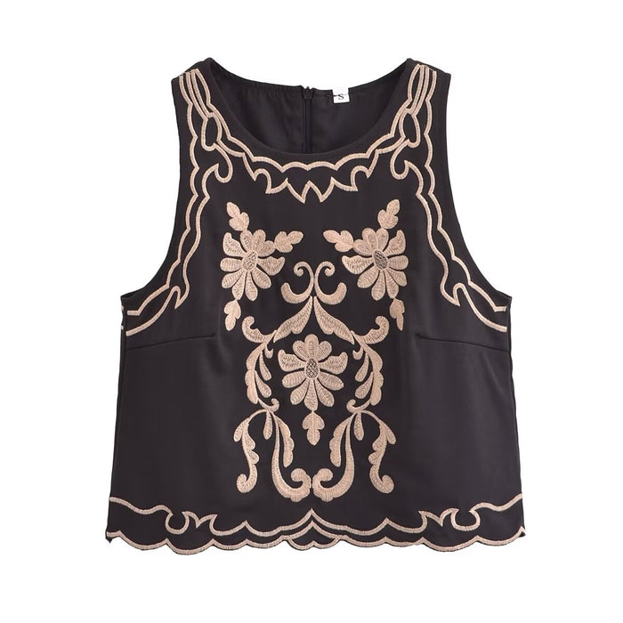 Summer French Black Retro High Grade Embroidered Top Vest-Tank Top-Black-Fancey Boutique