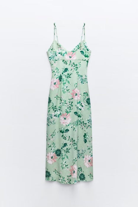 Women Clothing Summer Linen Blended Floral Midi Dress-Fancey Boutique