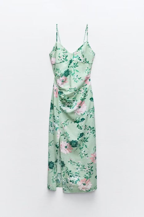 Women Clothing Summer Linen Blended Floral Midi Dress-Fancey Boutique