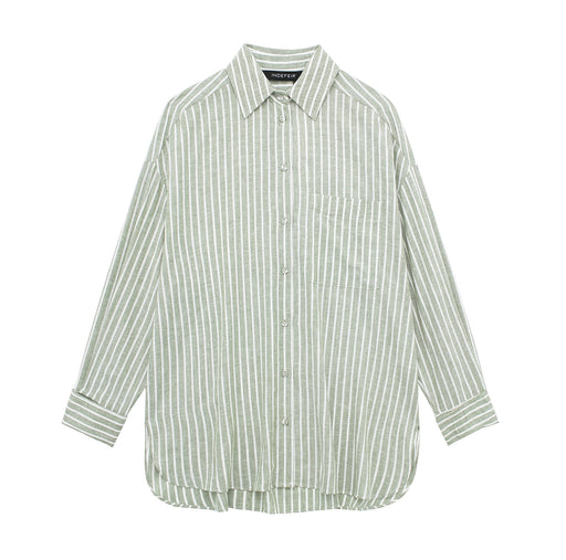 Women Clothing French Striped Loose Casual Linen Blended Long Sleeve Shirt-Stripe-Fancey Boutique