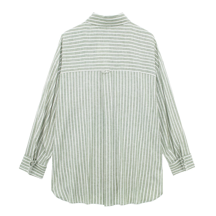 Women Clothing French Striped Loose Casual Linen Blended Long Sleeve Shirt-Fancey Boutique