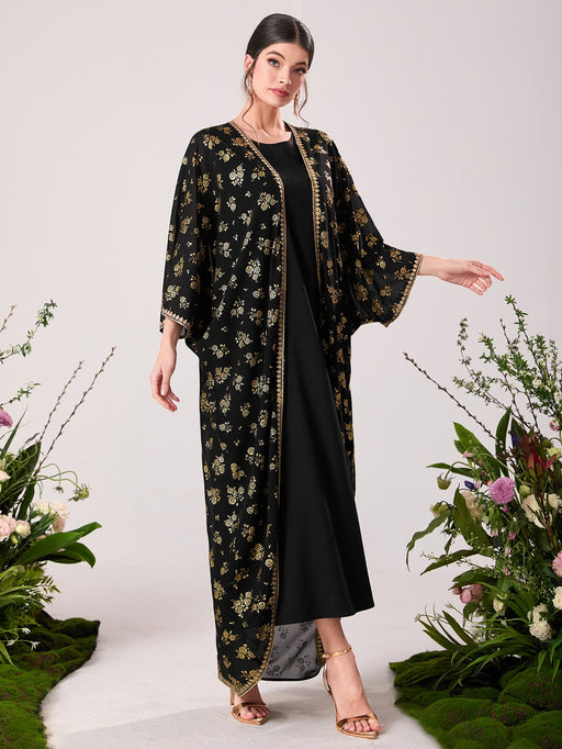 Muslim Middle East Bronzing Lace Mesh Dress Two Piece Suit-Black-Fancey Boutique