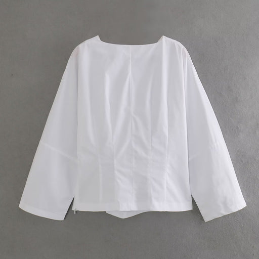 Spring Women White Long Sleeved Poplin Top Shirt-Fancey Boutique