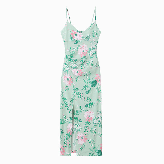 Women Linen Blended Floral Print Midi Sling Dress-Fancey Boutique