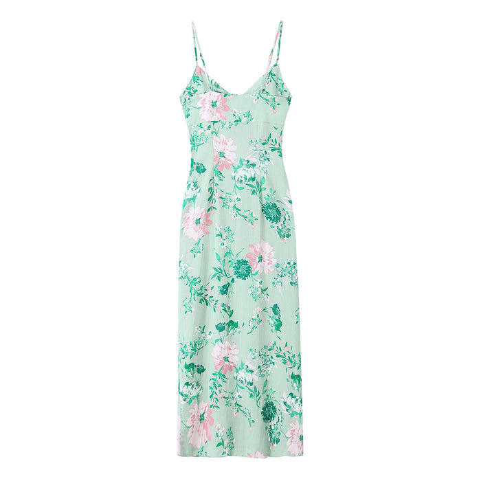 Women Linen Blended Floral Print Midi Sling Dress-Fancey Boutique
