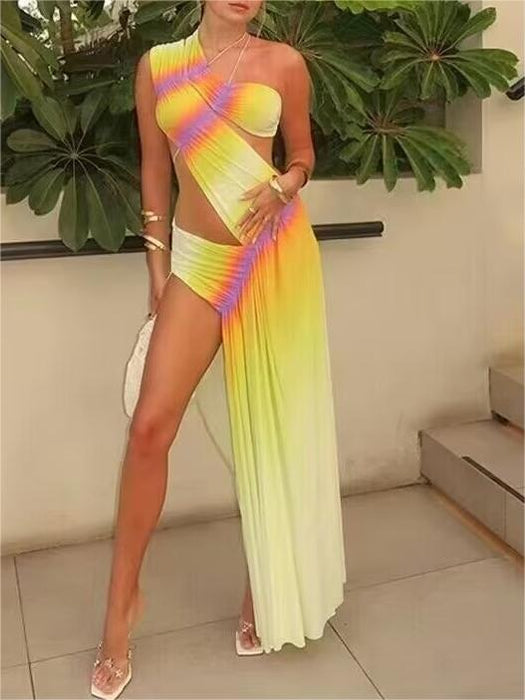 Spring Positioning Oblique Shoulder Cropped Outfit Sexy Mesh Dress Maxi Dress-Fancey Boutique