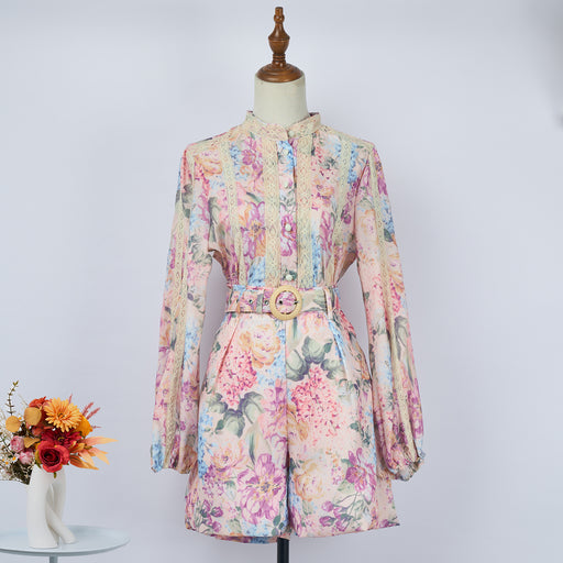 Women Spring And Autumn Print Two Piece Single Breasted Shirt Shorts With Belt Short Sets-Fancey Boutique