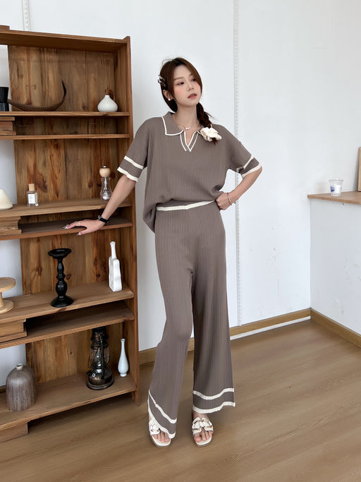 Short Sleeved Fashion Casual Loose All Match Slimming High Waist Knitted Suit-Brown-Fancey Boutique