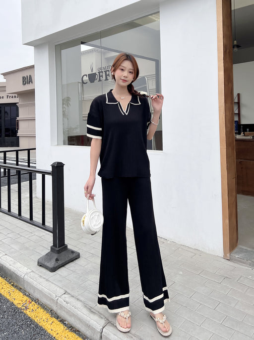 Short Sleeved Fashion Casual Loose All Match Slimming High Waist Knitted Suit-Black-Fancey Boutique