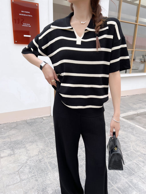 Fashion Suit Loose Striped Lapel Knitted Top Casual High Waist Knitted Suit-Black-Fancey Boutique