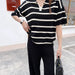 Fashion Suit Loose Striped Lapel Knitted Top Casual High Waist Knitted Suit-Black-Fancey Boutique