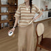 Fashion Suit Loose Striped Lapel Knitted Top Casual High Waist Knitted Suit-camel-Fancey Boutique