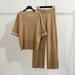 Casual Loose Fashion Suit Short Sleeved Knitted Top Wide Leg Pants Two Piece Set-camel-Fancey Boutique