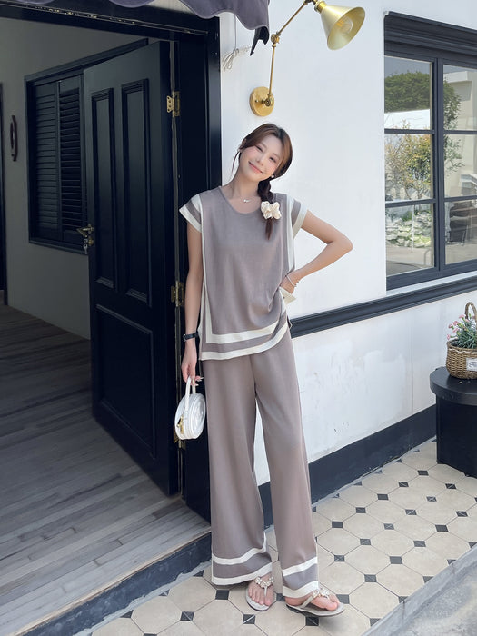 Stitching Loose Shawl Sleeve Sweater Top High Waist Slimming Wide Leg Pants Two Piece Set-Brown-Fancey Boutique
