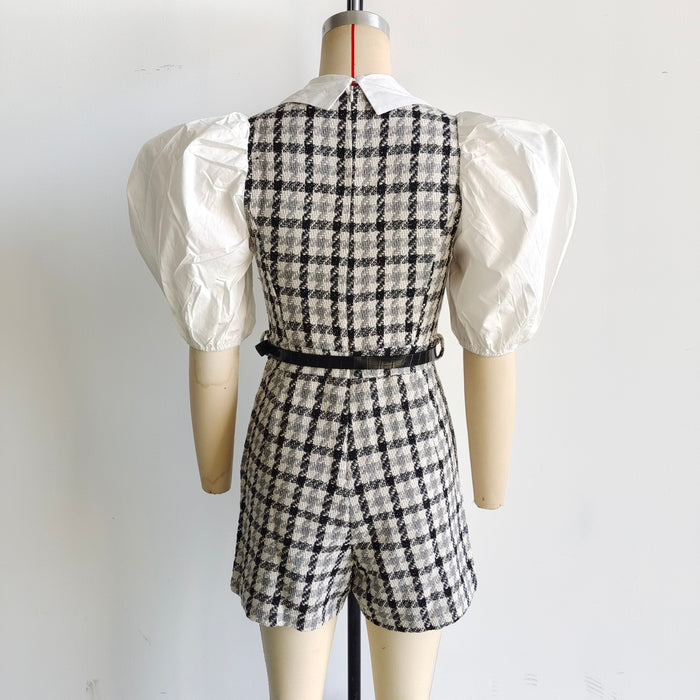 Summer Women Clothing Collared Contrast Color Check Short Skirt With Belt Dress Women-Fancey Boutique