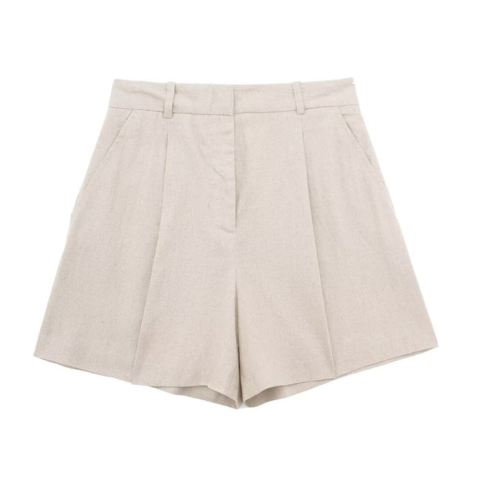 Spring Women Clothing Linen Blended Vest Casual Shorts Sets-Oatmeal Color Shorts-Fancey Boutique