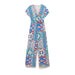 Women Clothing Summer Retro Ethnic V Neck Silk Satin Texture Printed Jumpsuit-Fancey Boutique