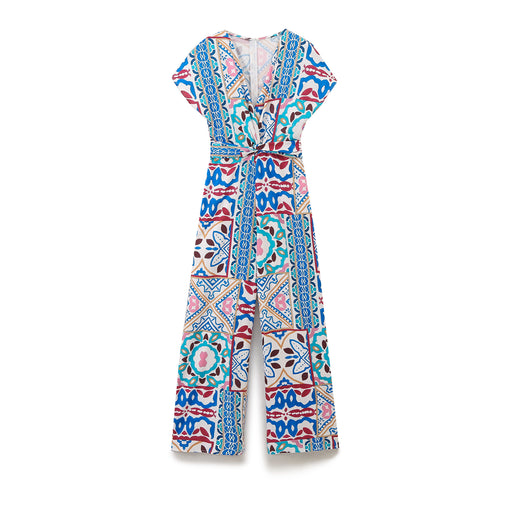 Women Clothing Summer Retro Ethnic V Neck Silk Satin Texture Printed Jumpsuit-Multi-Fancey Boutique