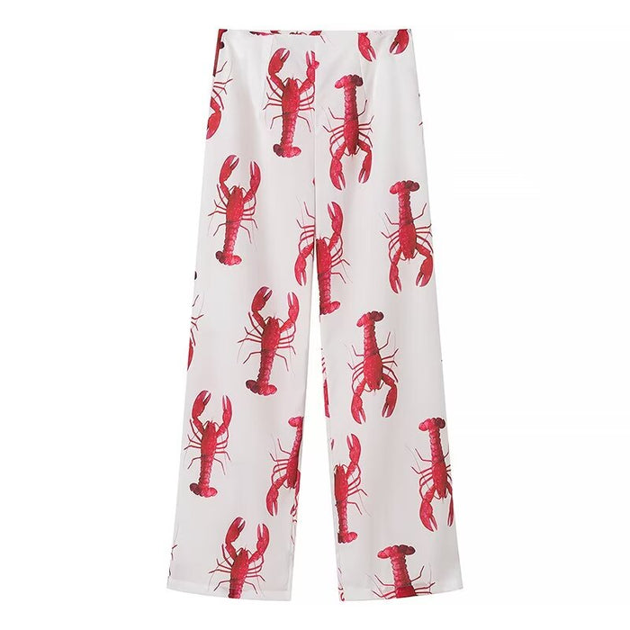 Spring Women Lobster Print Shirt Casual Straight Pant Sets-Fancey Boutique