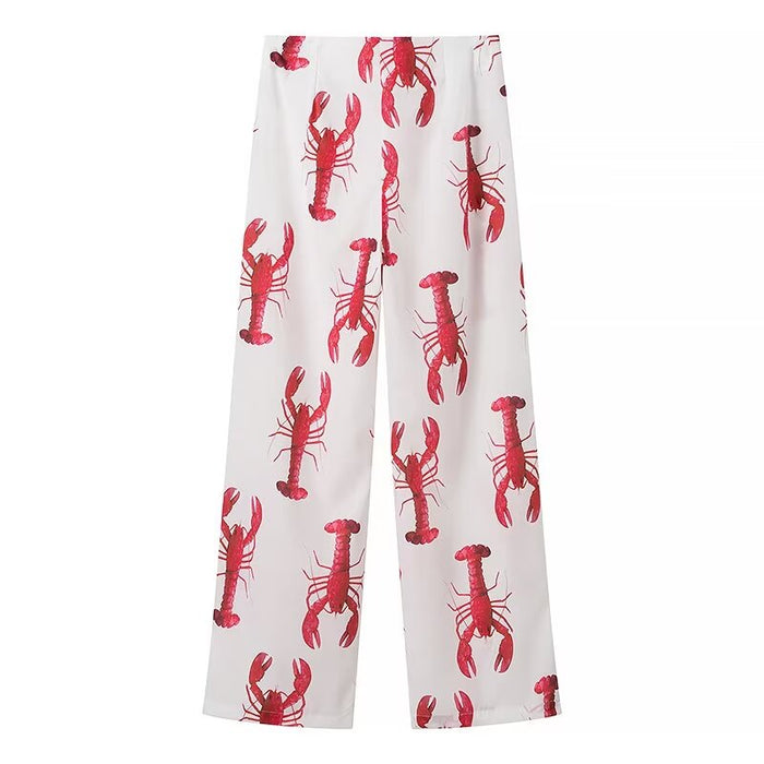 Spring Women Lobster Print Shirt Casual Straight Pant Sets-Fancey Boutique