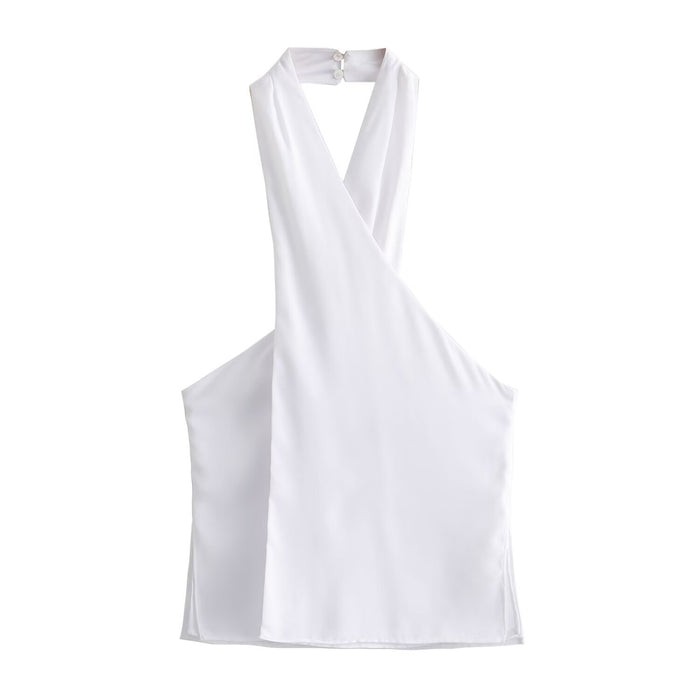 Spring Summer Women Backless Hanging Collar Top-Tank Top-White-Fancey Boutique