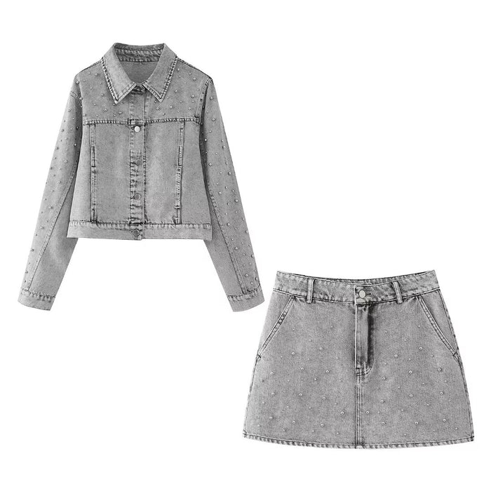 Spring Artificial Decorated Pearls Denim Jacket Coat Mini Skirt Denim Suit Women-Fancey Boutique