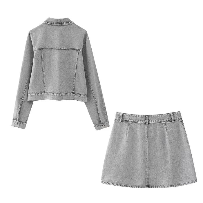 Spring Artificial Decorated Pearls Denim Jacket Coat Mini Skirt Denim Suit Women-Fancey Boutique