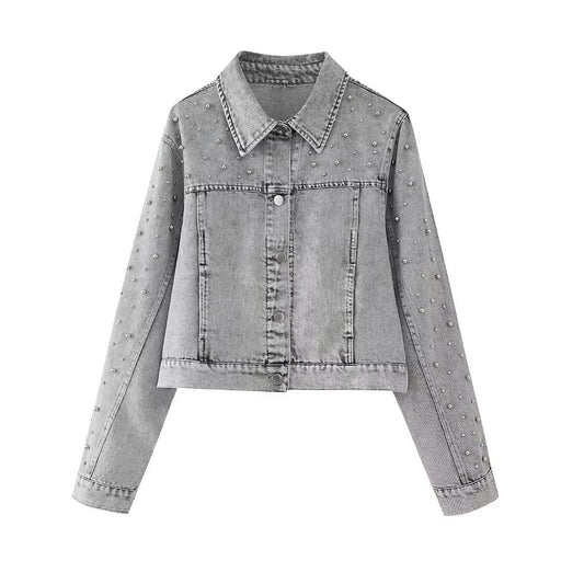 Spring Artificial Decorated Pearls Denim Jacket Coat Mini Skirt Denim Suit Women-Jacket-Fancey Boutique