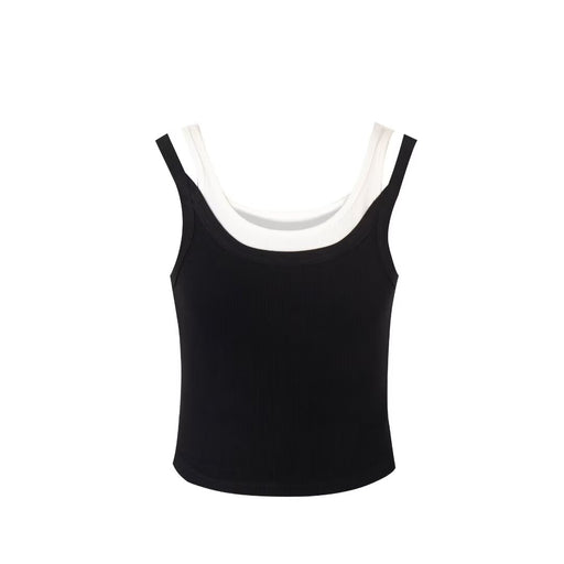 Spring Contrast Colors False Two Piece Slim Top Girl Sports Casual Vest-Black-Fancey Boutique