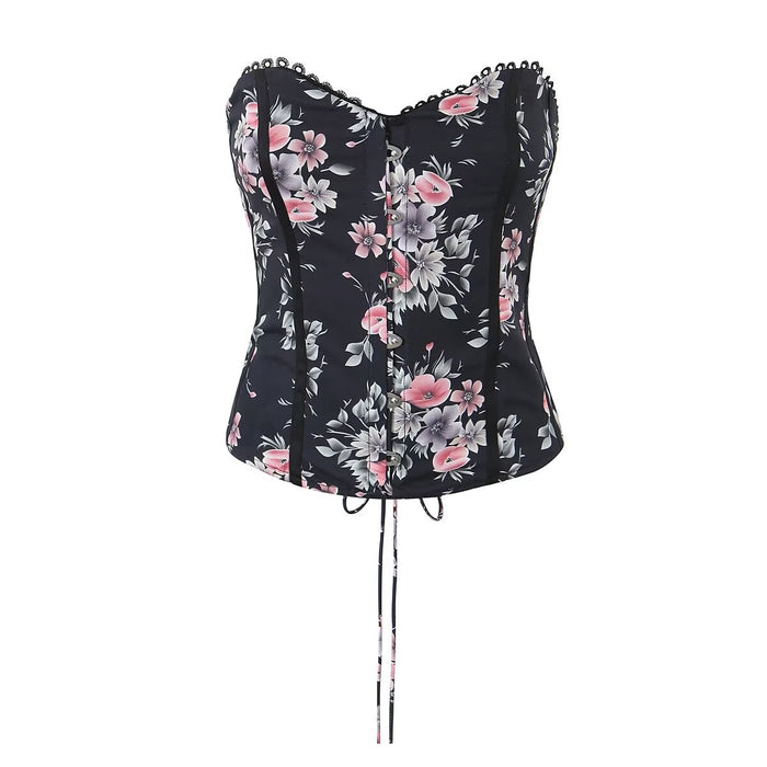Women Clothing Sexy Sweet Spicy Floral Strapless Top Strap Design Lace Stitching Boning Corset Vest-Fancey Boutique