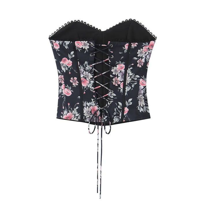 Women Clothing Sexy Sweet Spicy Floral Strapless Top Strap Design Lace Stitching Boning Corset Vest-Fancey Boutique