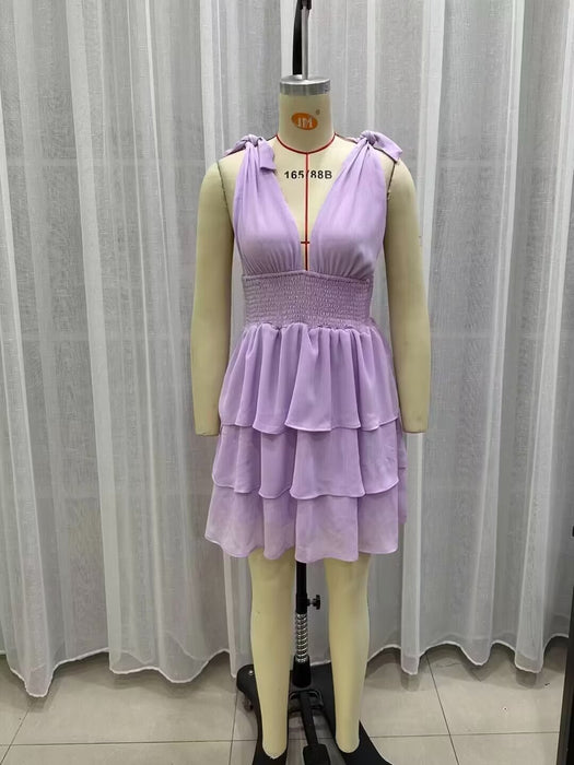 Spring Women Clothing Casual Purple Layered Lace Up Tiered Dress-Fancey Boutique