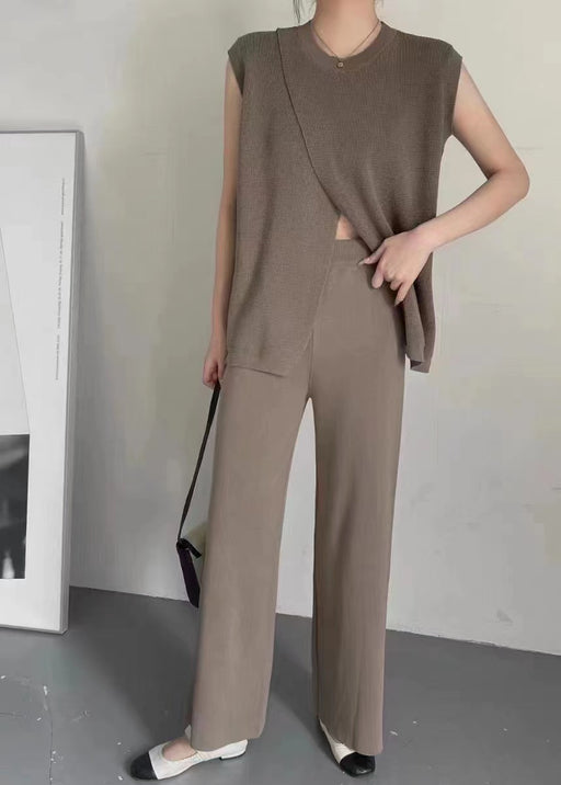 Sleeveless Collar Slim Fit Striped Sweater Top Two Piece Casual High Waist Wide Leg Pants-Brown-Fancey Boutique