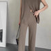 Sleeveless Collar Slim Fit Striped Sweater Top Two Piece Casual High Waist Wide Leg Pants-Brown-Fancey Boutique