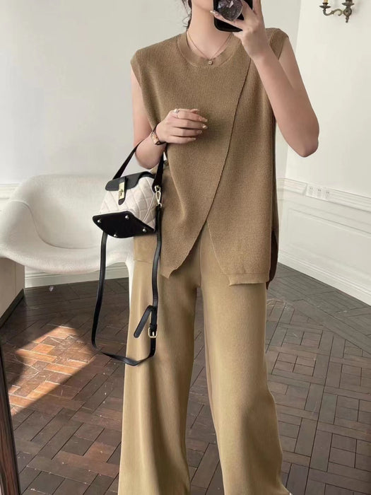 Sleeveless Collar Slim Fit Striped Sweater Top Two Piece Casual High Waist Wide Leg Pants-camel-Fancey Boutique