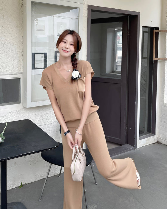 Solid Color Knitted Casual Suit Women Korean Style Simple Short Sleeve Pullover Two Piece Set Women-Fancey Boutique