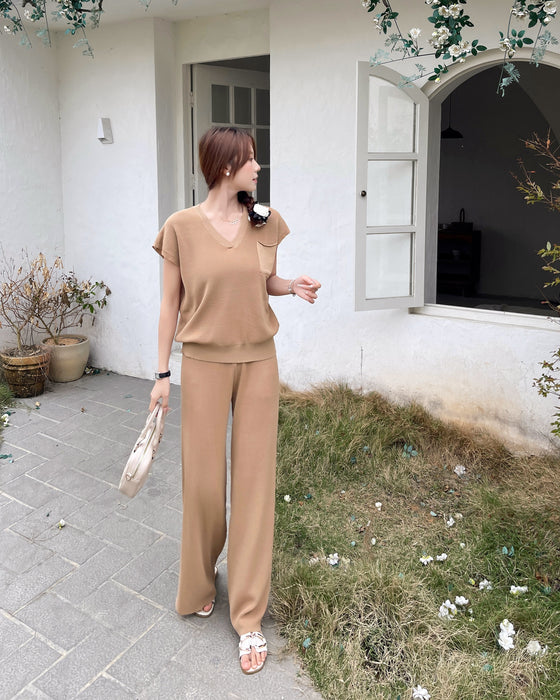 Solid Color Knitted Casual Suit Women Korean Style Simple Short Sleeve Pullover Two Piece Set Women-Fancey Boutique