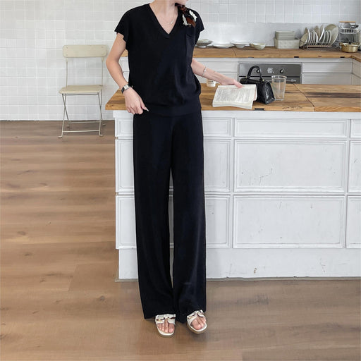 Solid Color Knitted Casual Suit Women Korean Style Simple Short Sleeve Pullover Two Piece Set Women-Black-Fancey Boutique