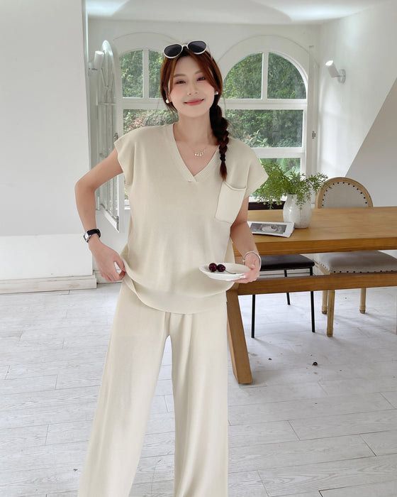 Solid Color Knitted Casual Suit Women Korean Style Simple Short Sleeve Pullover Two Piece Set Women-Apricot-Fancey Boutique