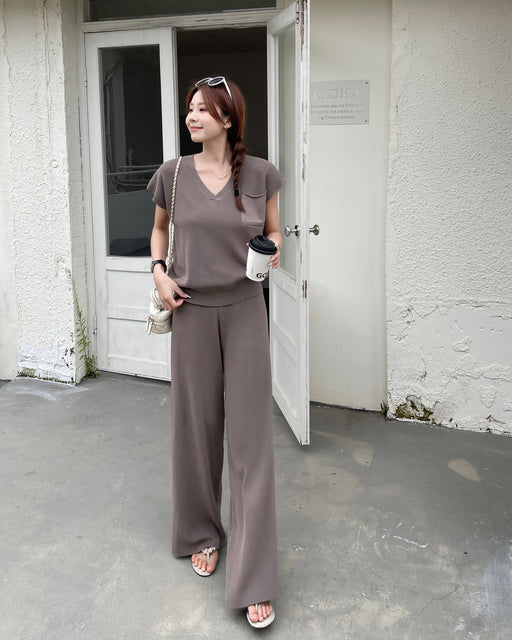 Solid Color Knitted Casual Suit Women Korean Style Simple Short Sleeve Pullover Two Piece Set Women-Brown-Fancey Boutique