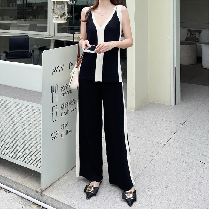 V Neck Vest Knitted Split Top Color Matching Wide Leg Pants Knitted Two Piece women Suit-Black-Fancey Boutique