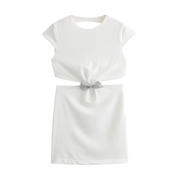 Women Jewelry Bowknot Decoration Backless Dress-White-Fancey Boutique