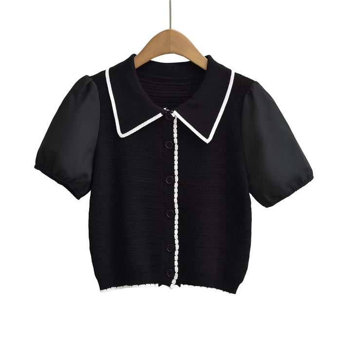 Women Fashionable All Match Sweet Girlish Contrast Stitching Short Sleeves Knitwear-Black-Fancey Boutique