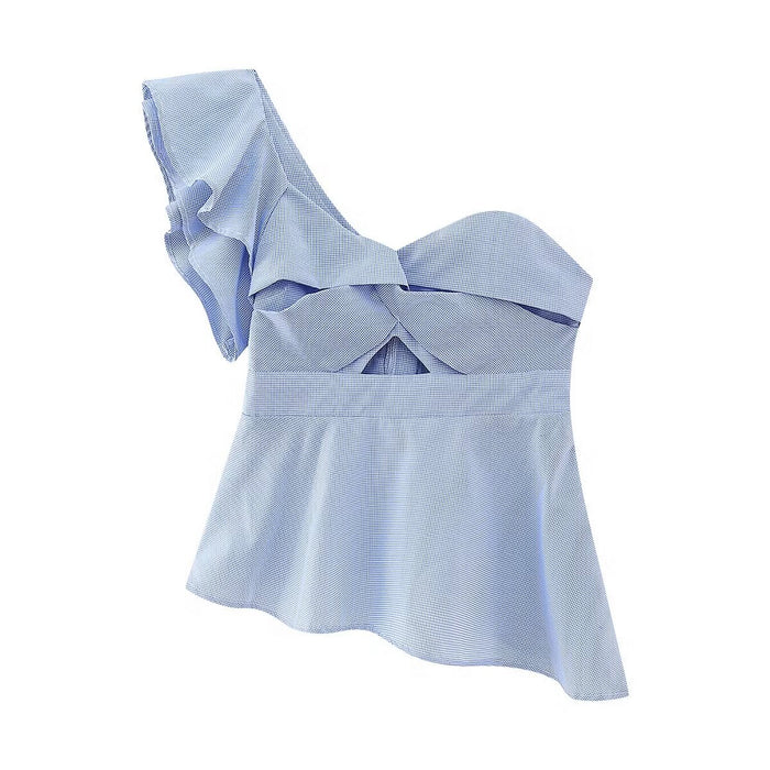 Spring Women Clothing Off Shoulder Short Sexy Waist Niche Design Off Shoulder Top-Blue-Fancey Boutique