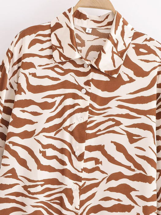 Women Zebra Button Loose Casual Shirt High Waist Lace up Pant Sets-Fancey Boutique